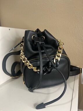 Grossi Black Faux Leather Mini Backpack Drawstring Bucket Bag Gold Chain